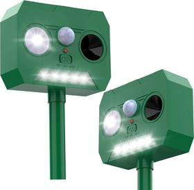 Ainneie Solar Cat Deterrent 2-Pack front view highlights solar panel for all-day outdoor protection.
