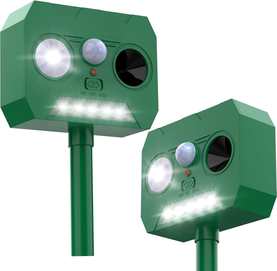 Ainneie Solar Cat Deterrent 2-Pack front view highlights solar panel for all-day outdoor protection.