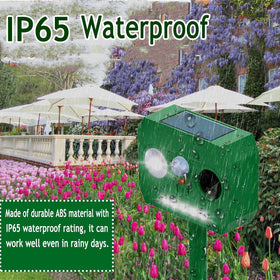 Ainneie Solar Cat Deterrent 2-Pack installation image shows tool-free setup in garden.