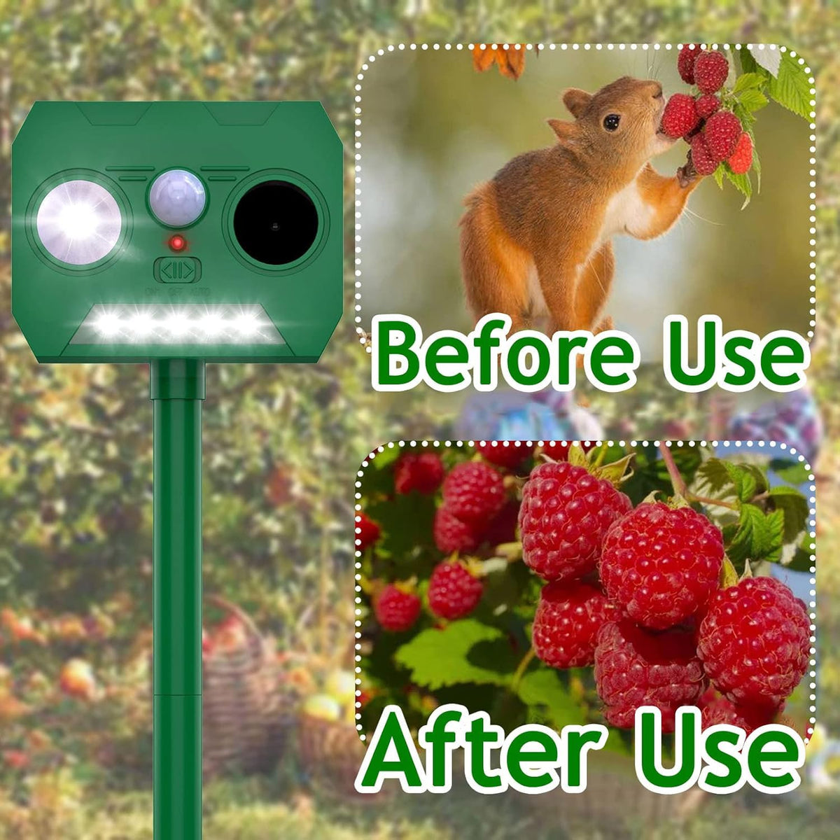 Ainneie Solar Cat Deterrent 2-Pack LED flash feature deters cats without harm.