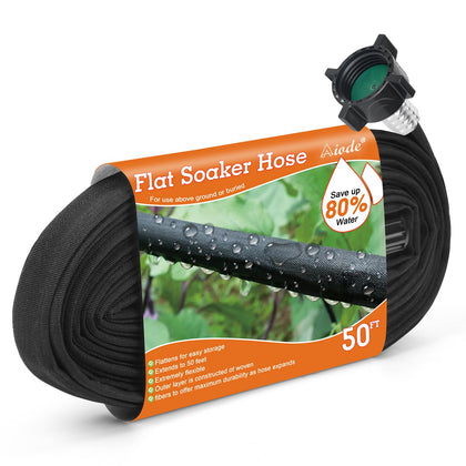 AIODE flat soaker hose 50ft highlighting water-saving irrigation for garden beds.