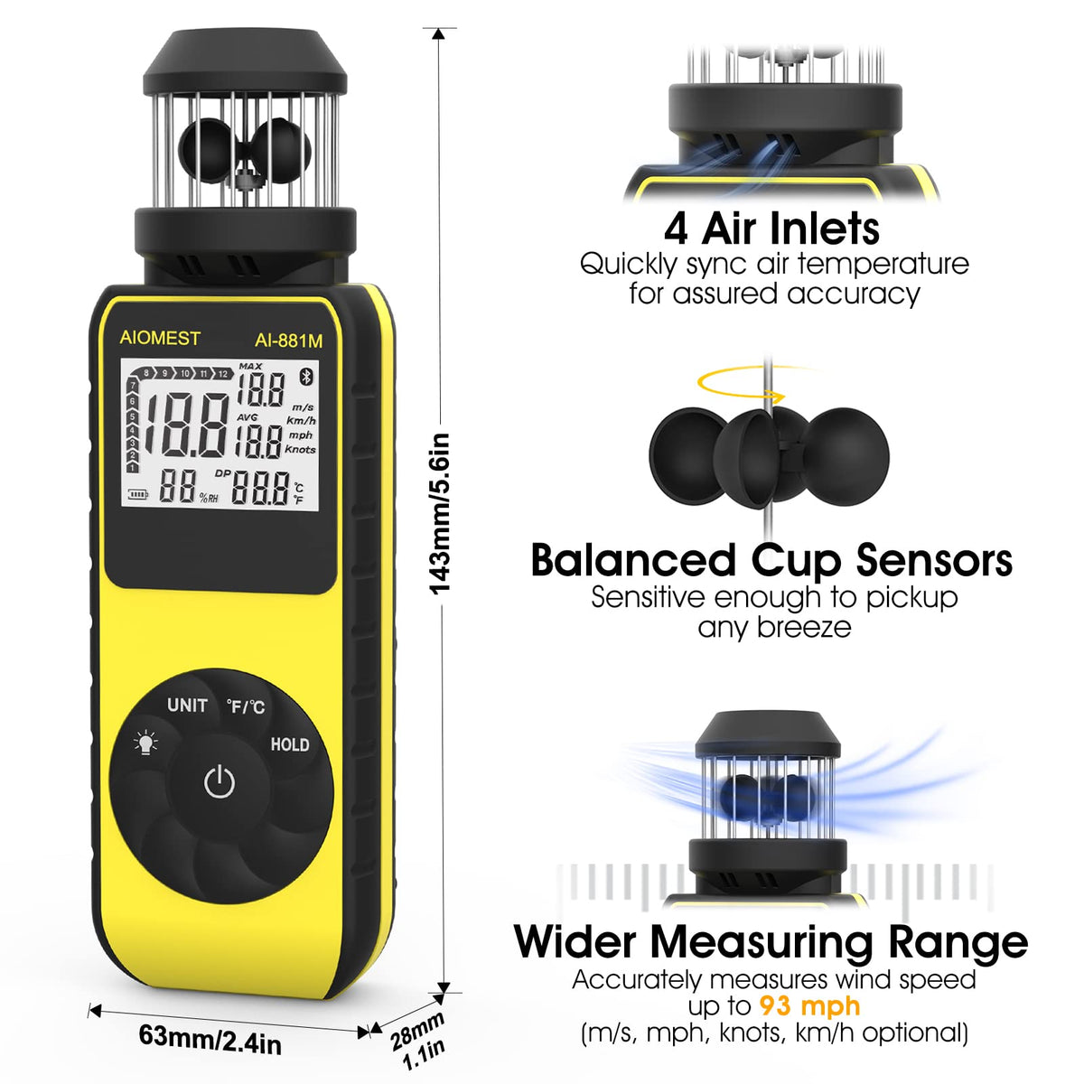 AIOMEST AI-881M digital wind display shows real-time speed and temperature.
