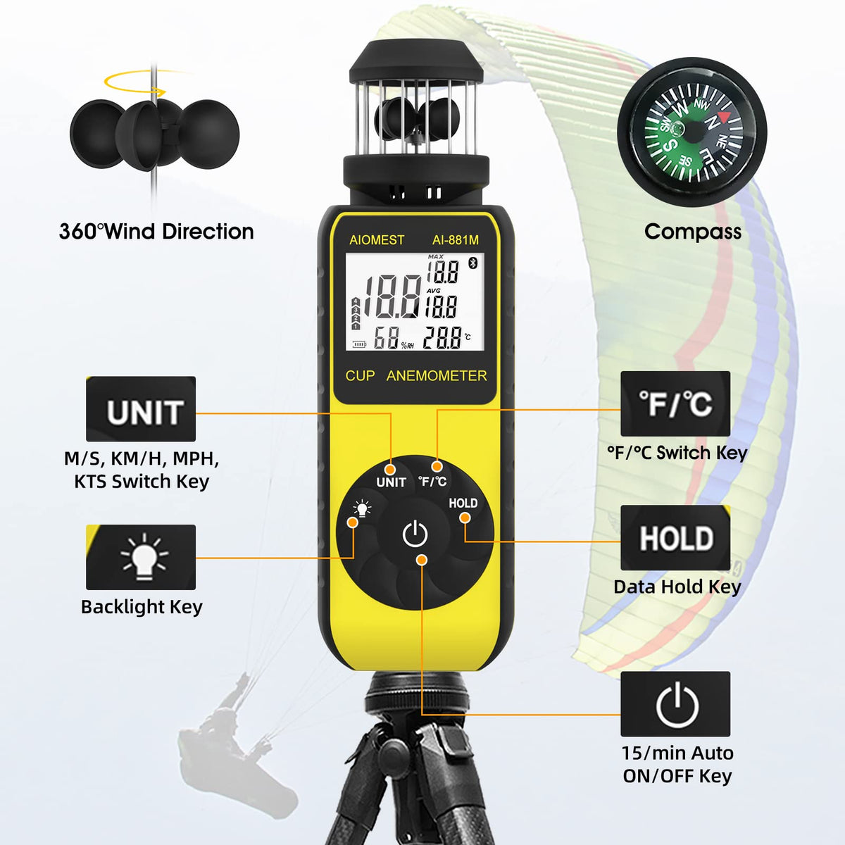 AIOMEST AI-881M tripod mount lets stable measurements for HVAC or field tests.