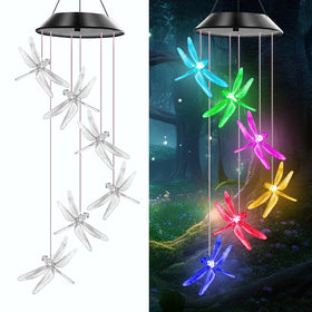 AIONASA Dragonfly solar wind chimes with color-changing glow for garden ambiance.