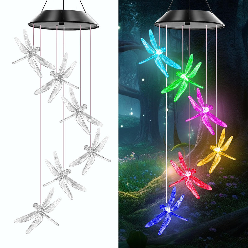 AIONASA Dragonfly solar wind chimes with color-changing glow for garden ambiance.
