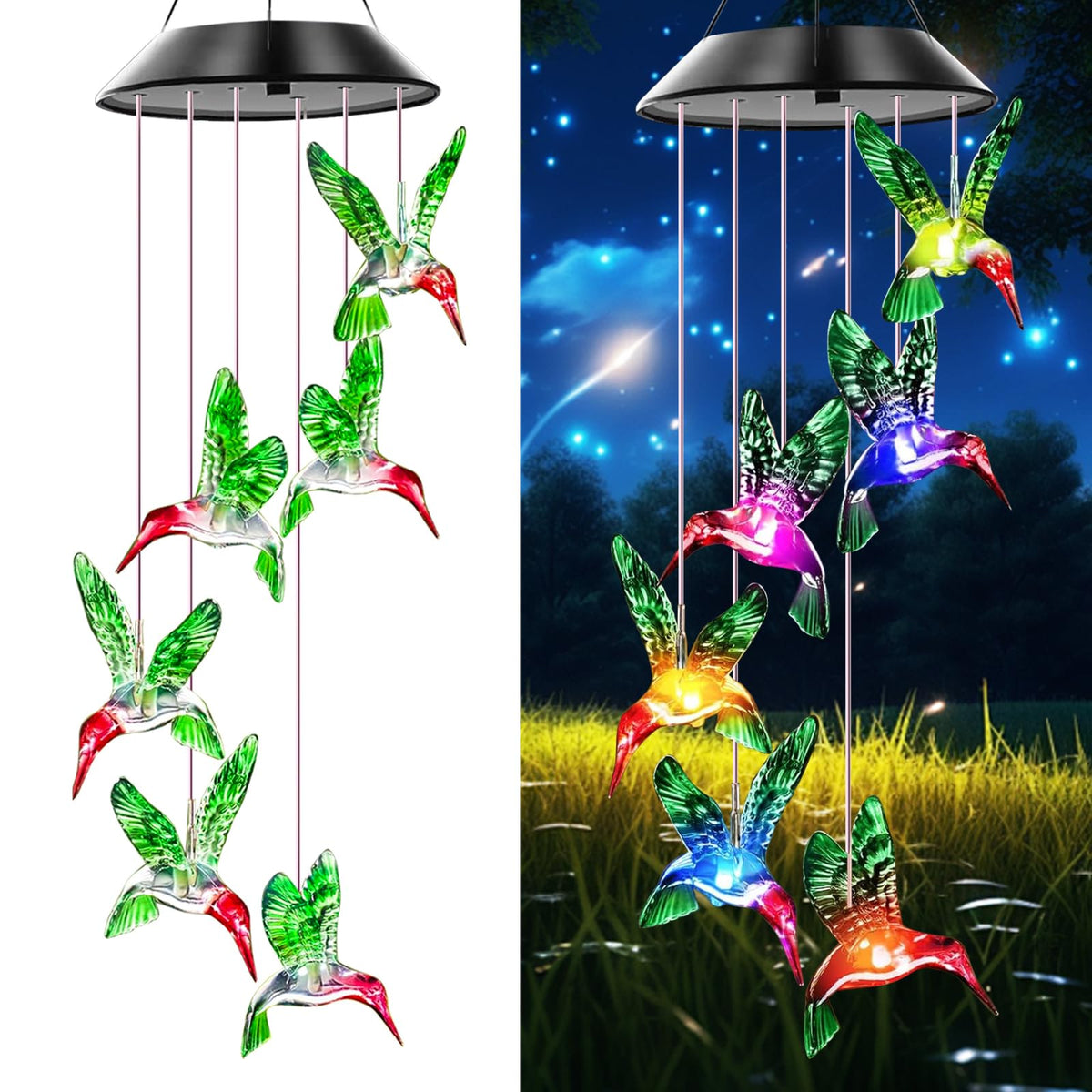 AIONASA hummingbird solar wind chimes illuminate outdoor space with colorful glow.