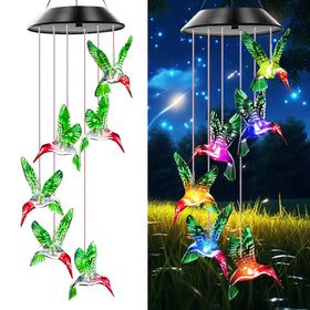 AIONASA hummingbird solar wind chimes illuminate outdoor space with colorful glow.