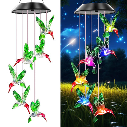 AIONASA hummingbird solar wind chimes illuminate outdoor space with colorful glow.