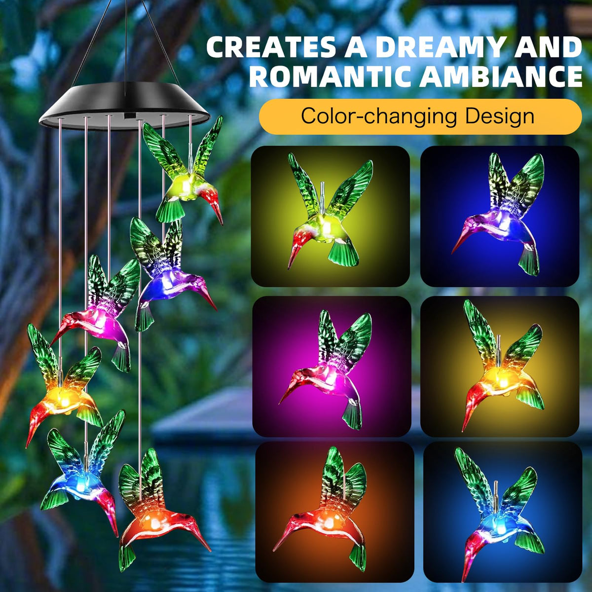 AIONASA hummingbird wind chimes add garden movement and soft light.