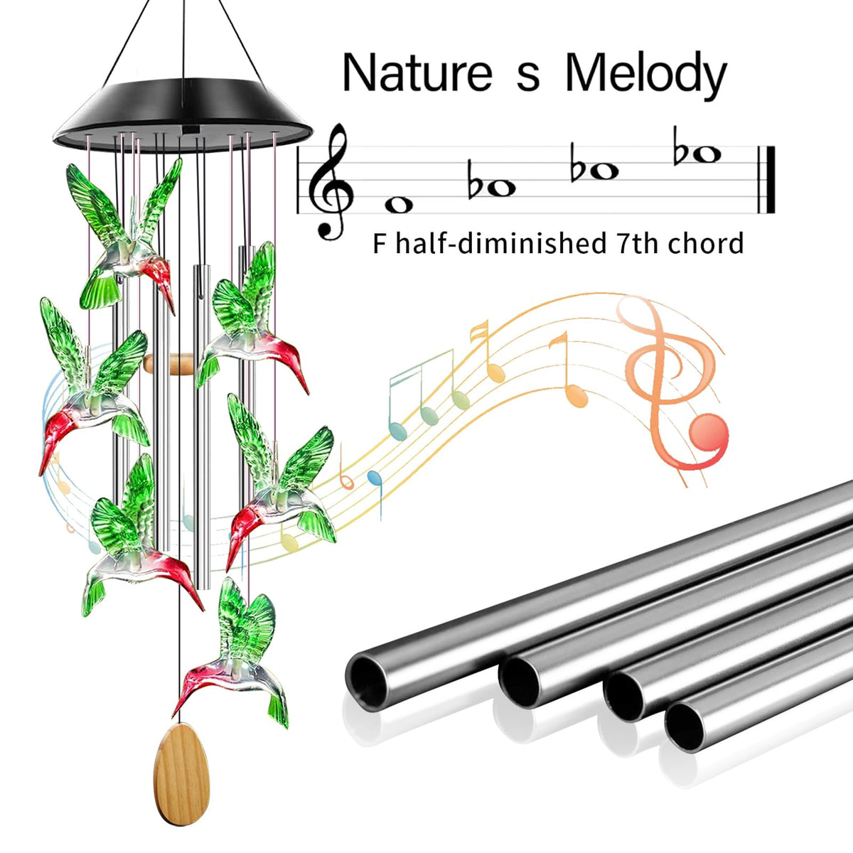 AIONASA LED lights glow at night on hummingbird wind chimes