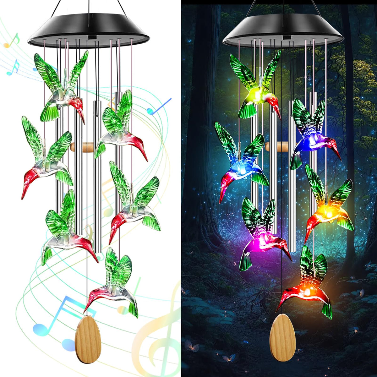 AIONASA solar hummingbird wind chimes with four tubes enhance outdoor ambiance
