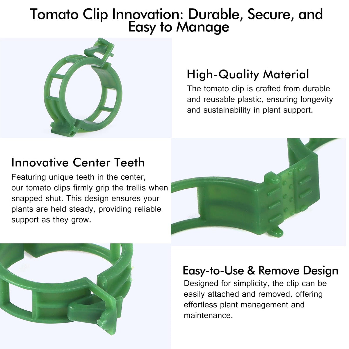 Aipker tomato clips with center teeth grip to stabilize trellis lines.