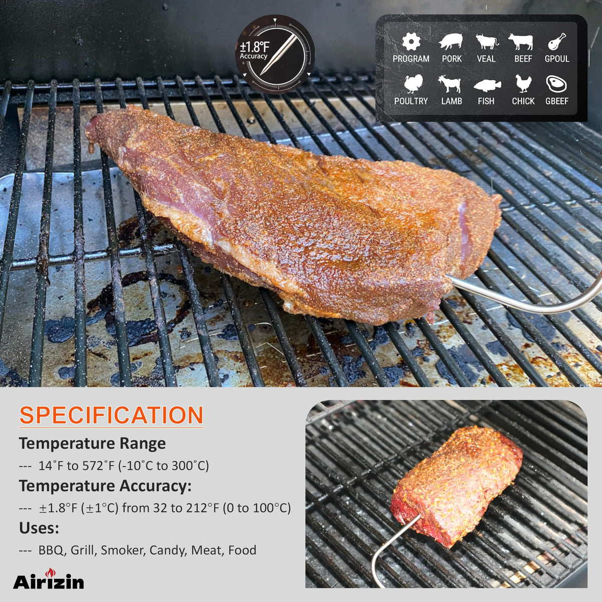 Airizin probes provide temperature monitoring via grill display or app.