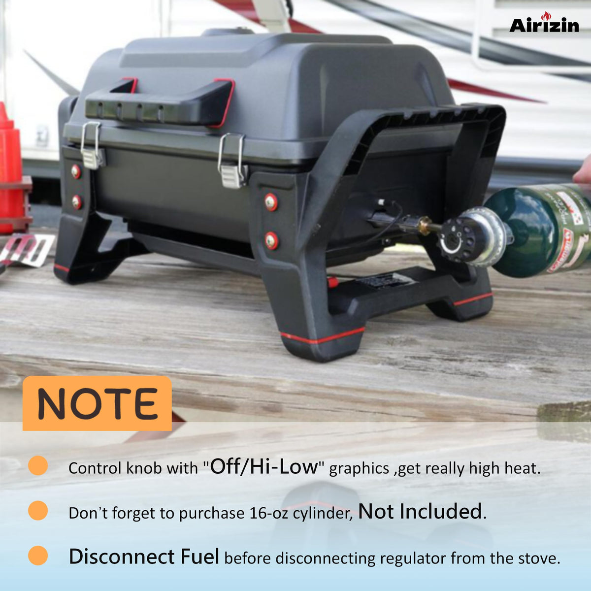 Airizin safety-focused regulator use — disconnect fuel source before removal.