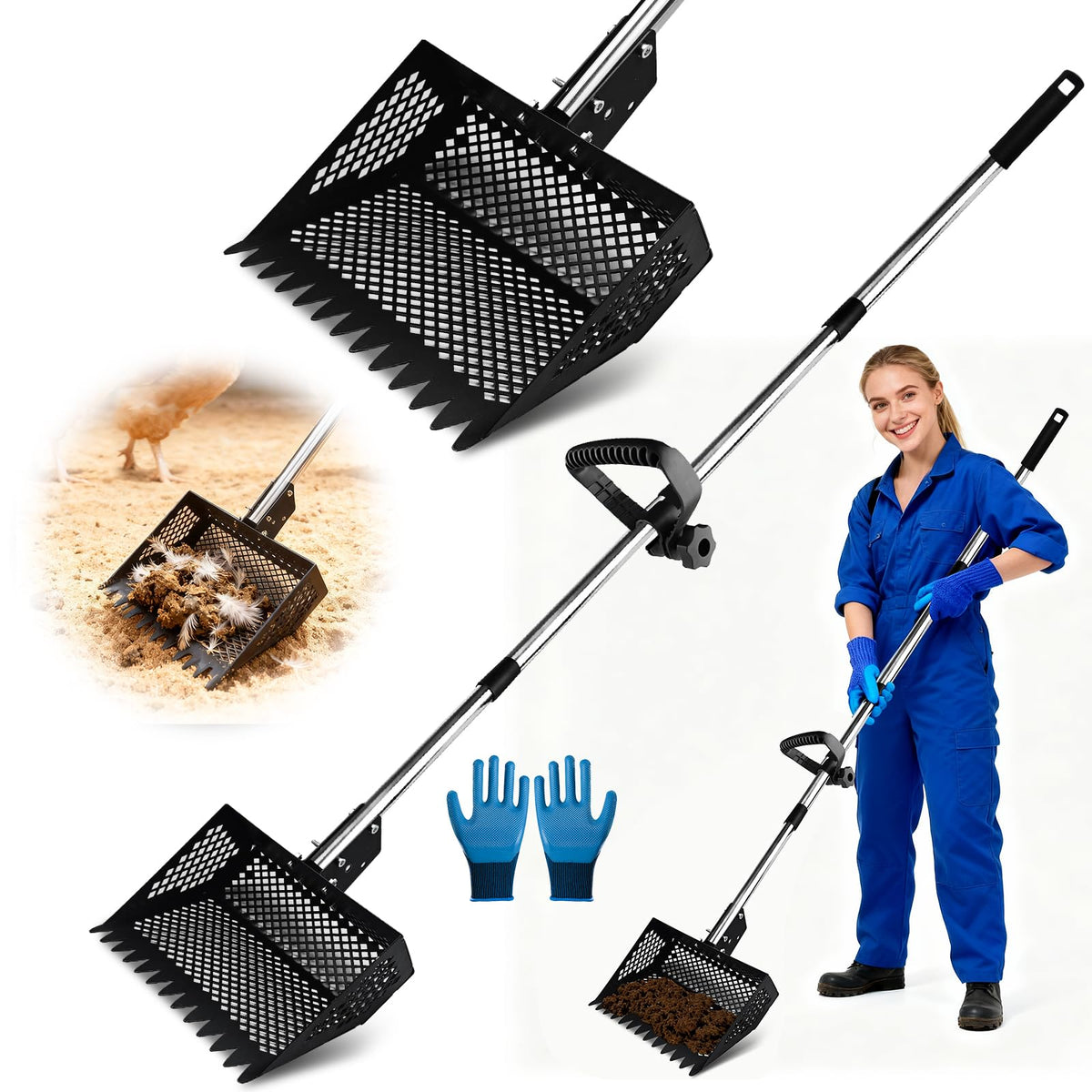 Airjam 2-in-1 chicken poop scooper and rake with extended handle for easy coop cleaning.