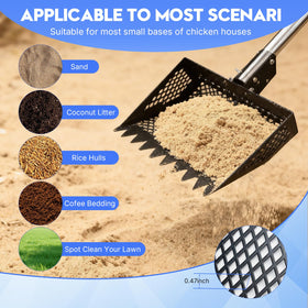 Airjam fine-mesh coop scoop removes small droppings while preserving bedding.