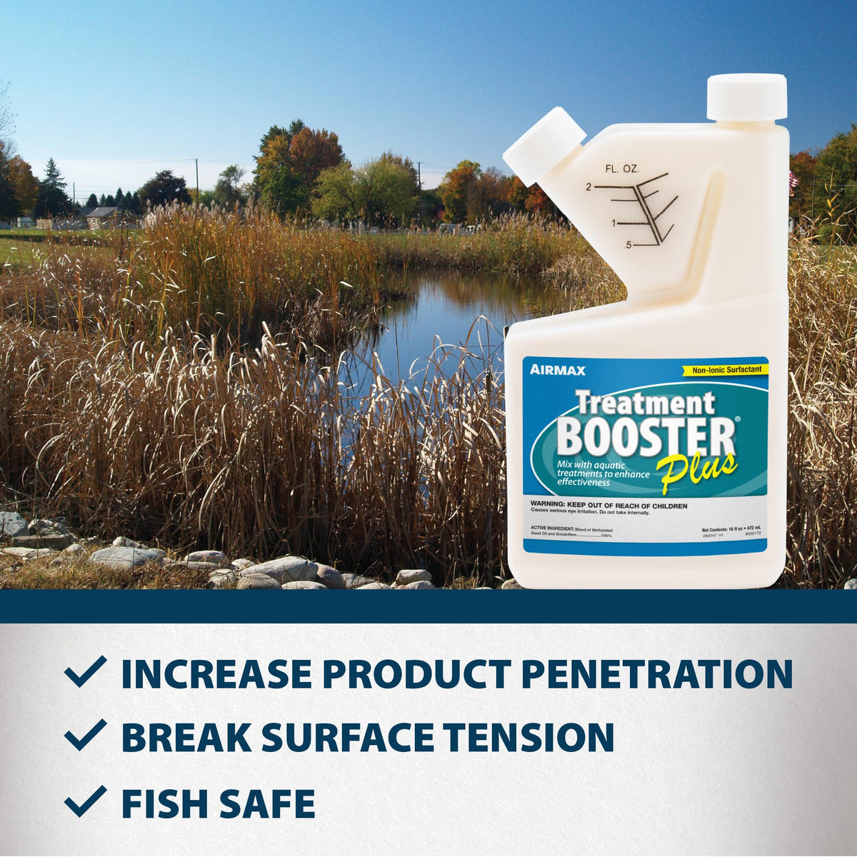 Airmax Treatment Booster Plus pond application protecting aquatic life.