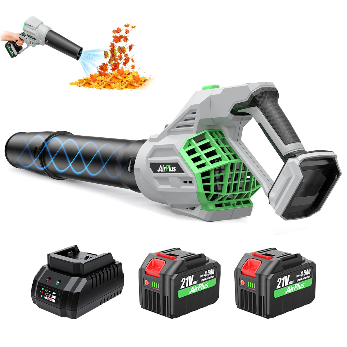 AirPlus cordless leaf blower with 180° rotation handle for versatile lawn cleanup