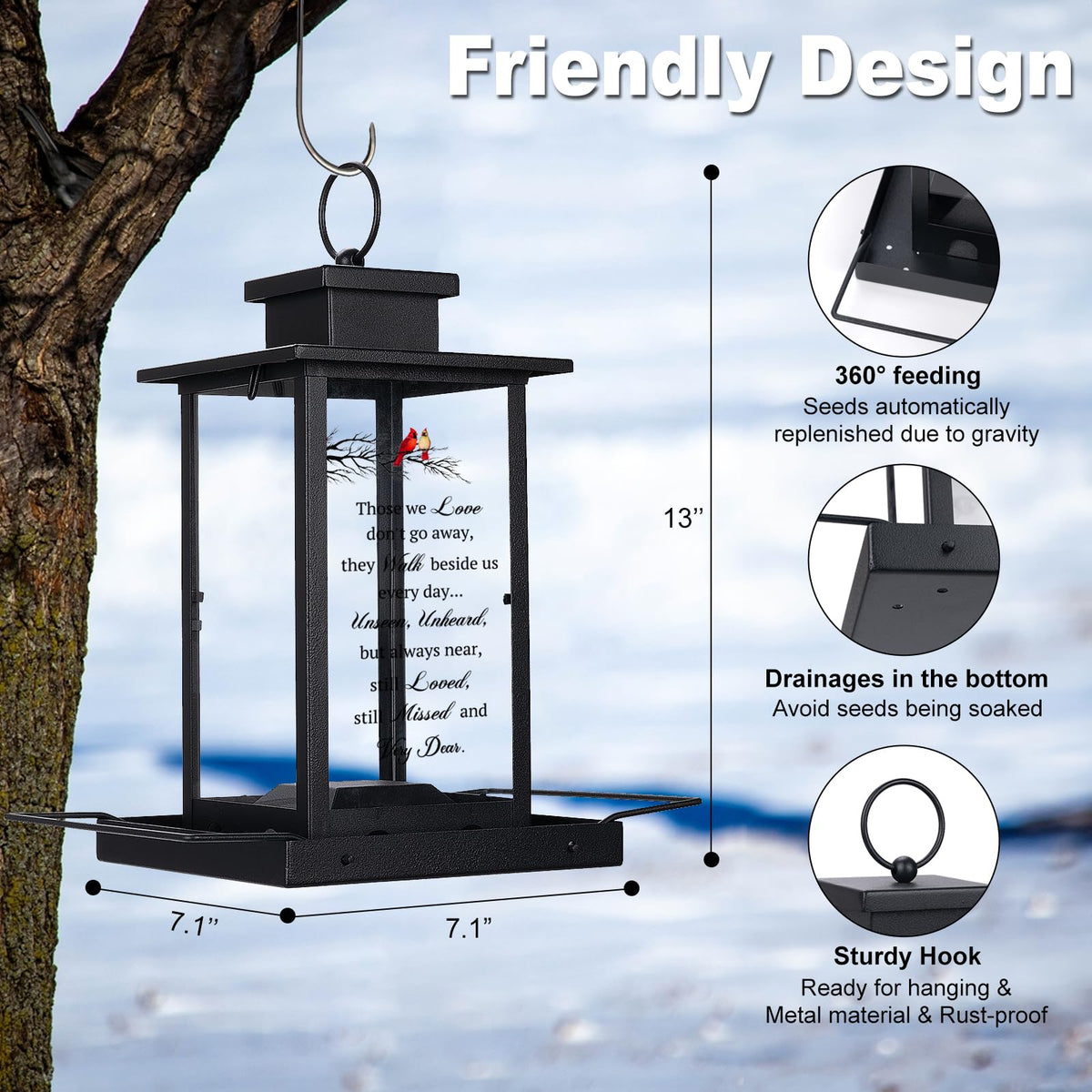 Airrioal Memorial Cardinal Bird Feeder drainage holes help keep feed dry.