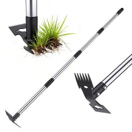 Aishkimo weed puller with long handle enables standing weed removal in the garden.