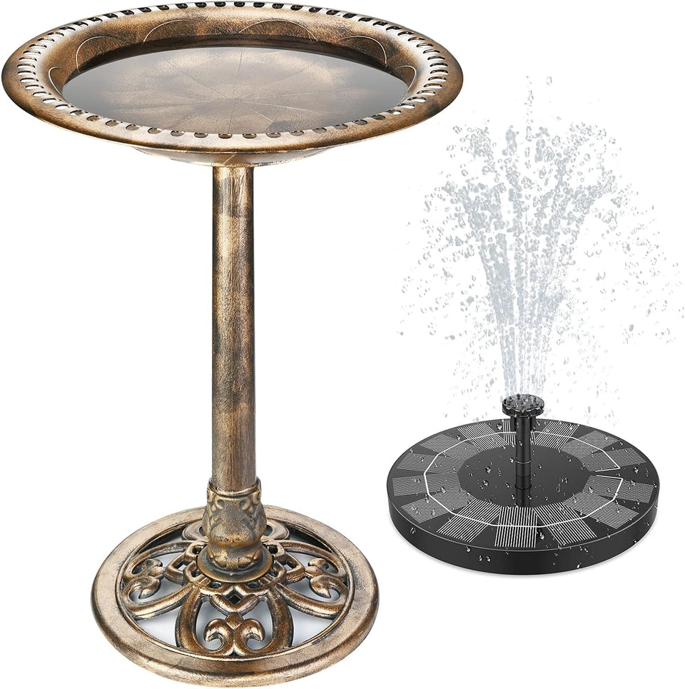 AISITIN bird bath on a 28-inch pedestal enhances garden decor and bird visits.