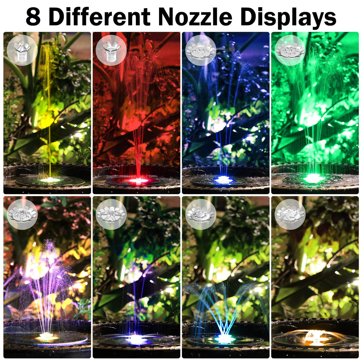 AISITIN solar fountain shows eight nozzle options for varying sprays
