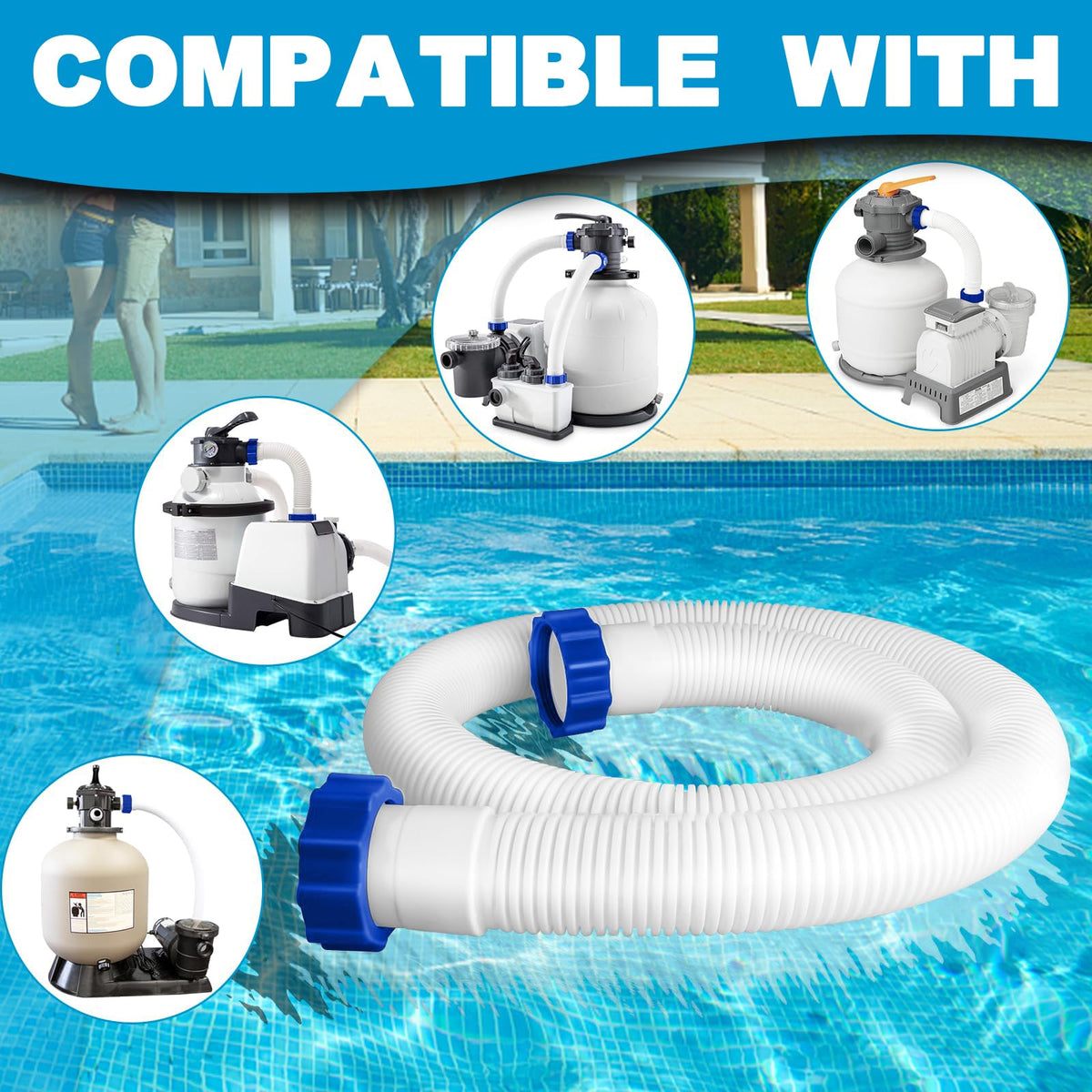 AISungoo 1.5-inch hoses with UV-resistant durability for long pool maintenance.