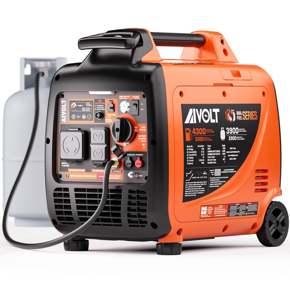 AIVOLT dual fuel 4300W generator with wheel kit enables easy mobility for camping.
