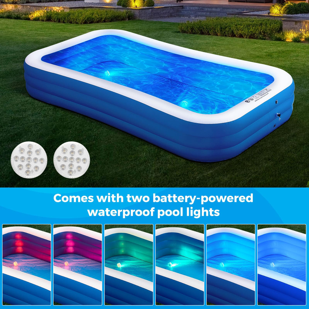 Two floating lights provide ambient color to themed summer pool parties.