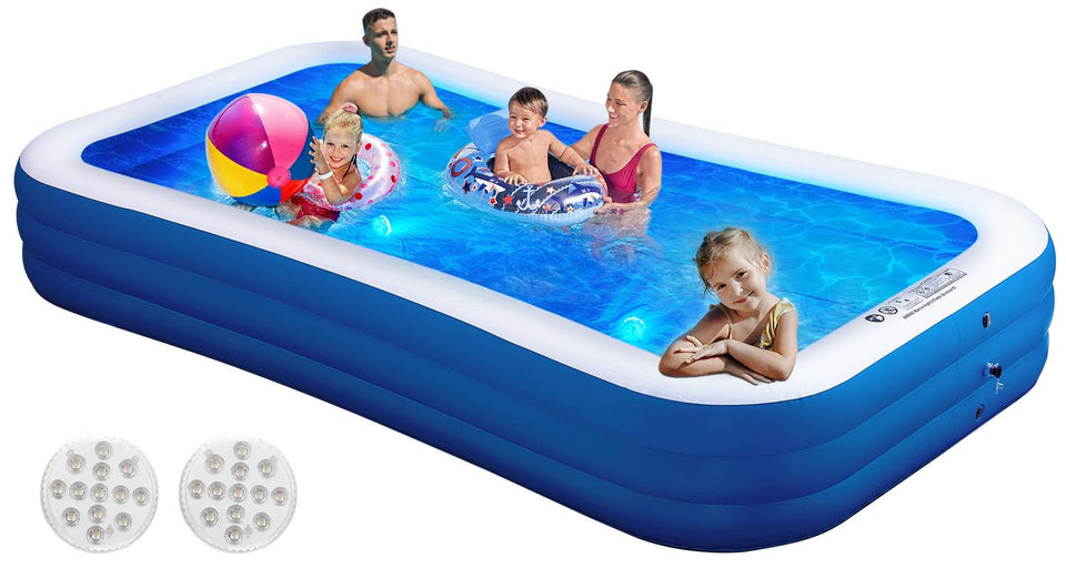 AIYIBEN inflatable pool showing 130x72 size with integrated lights for dusk gatherings.