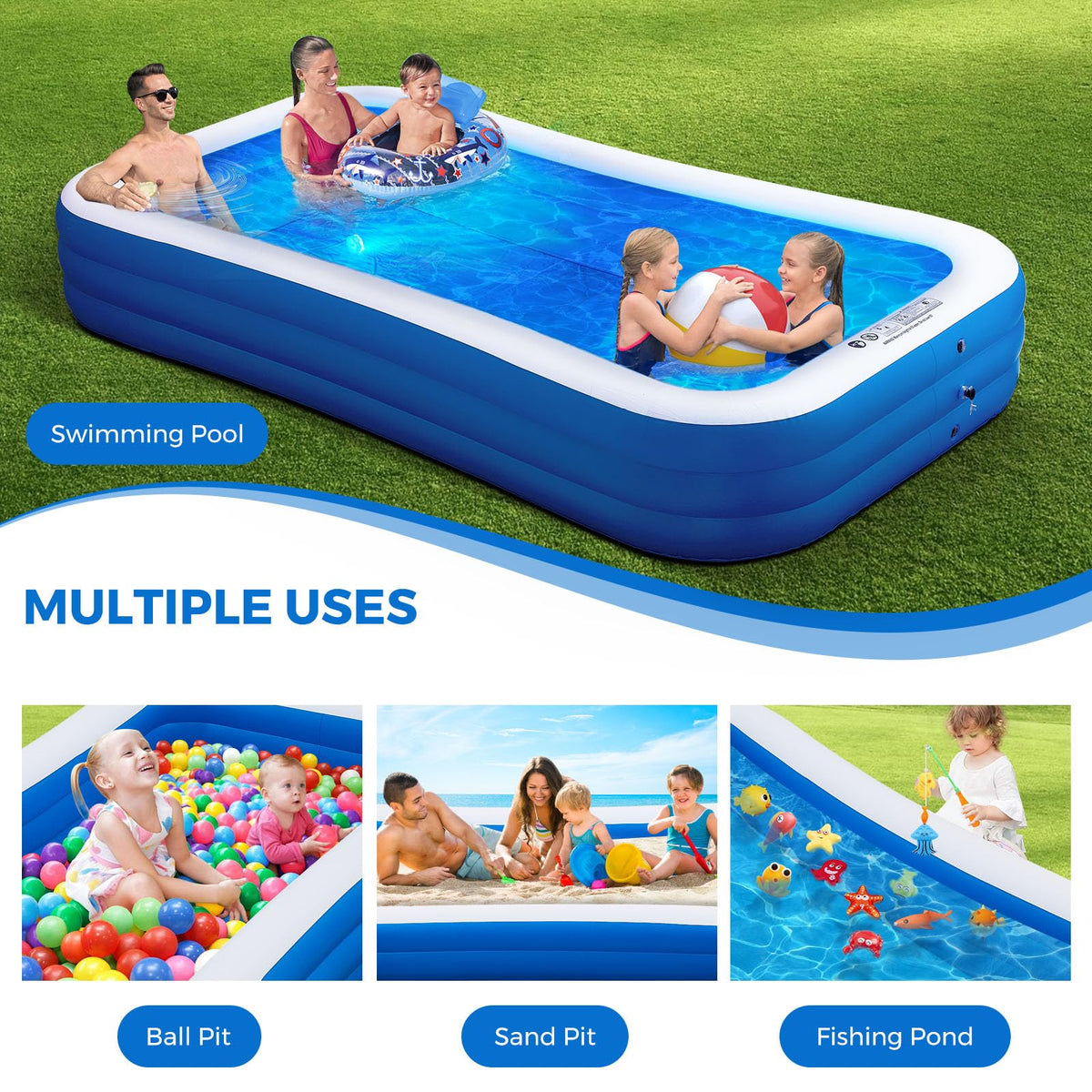 Wide, shallow pool ideal for kids and adults to relax together.