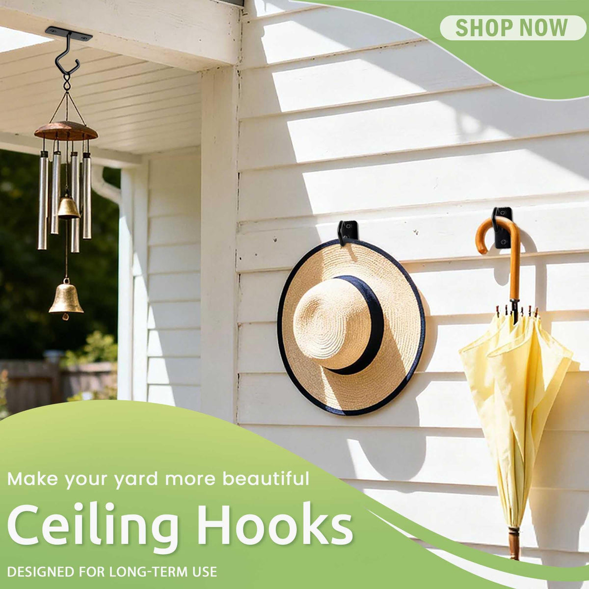 AJART ceiling hook on outdoor garden scene showing rust resistant finish