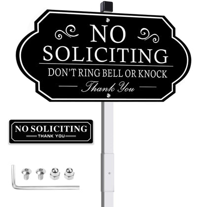 AJIAJIA No Soliciting Sign with 28-inch stake, durable aluminum for outdoor use.