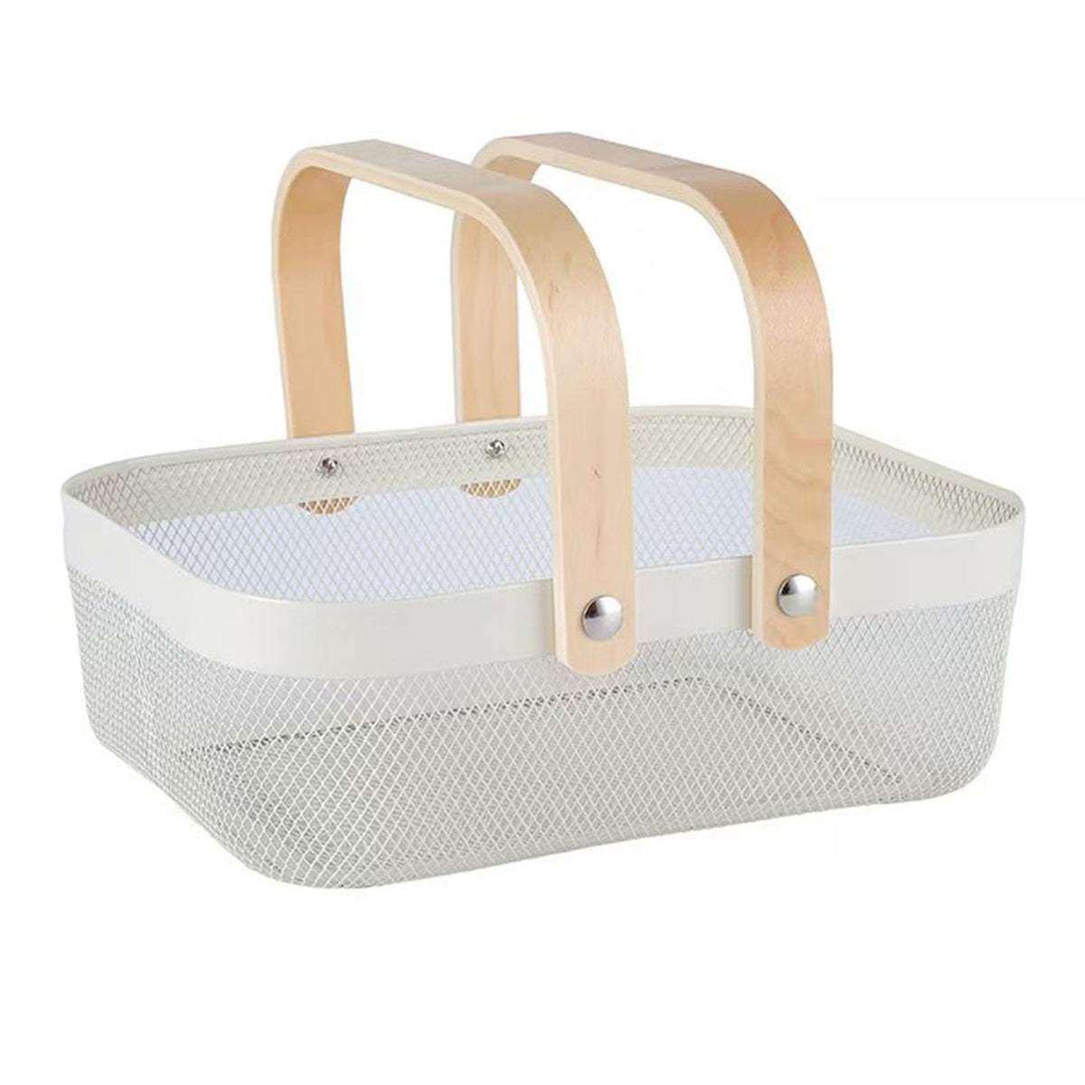 AJIODA metal mesh basket with wooden handle for versatile storage and easy transport.