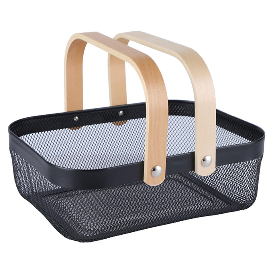 AJIODA metal mesh basket with wooden handle for versatile storage and portability.