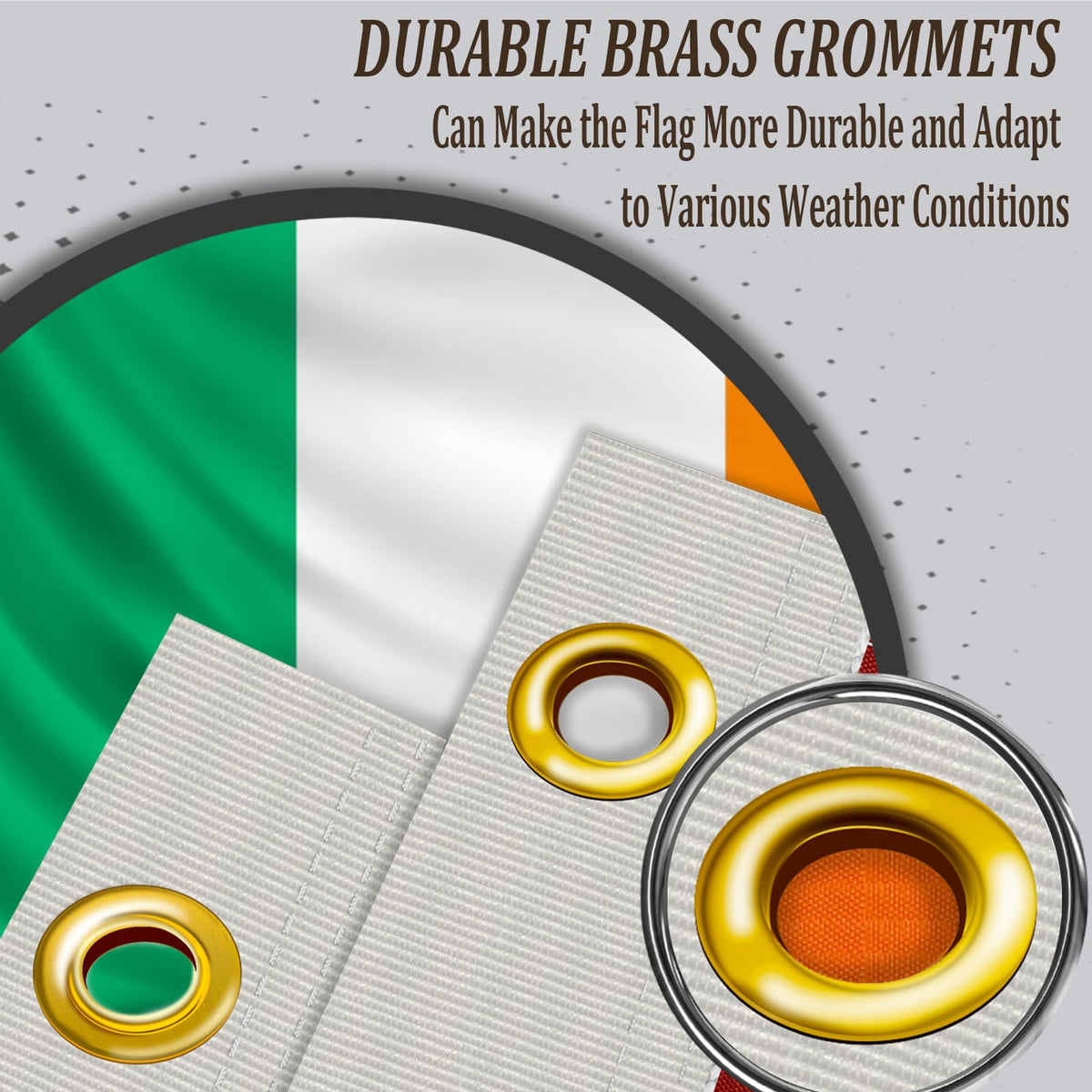AJJSUE Ireland flag brass grommets for secure hanging on walls or poles.