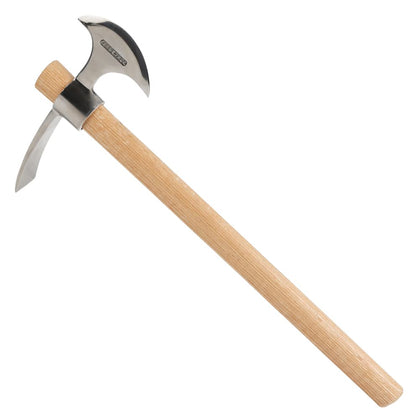 AKBFOX 2-in-1 pickaxe head shown for soil loosening and wood chopping use