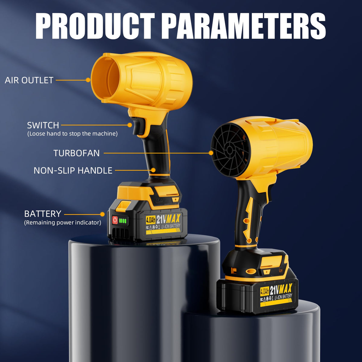 AKELOR cordless blower's bright yellow body for easy outdoor visibility