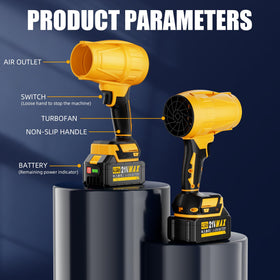 AKELOR cordless blower's bright yellow body for easy outdoor visibility