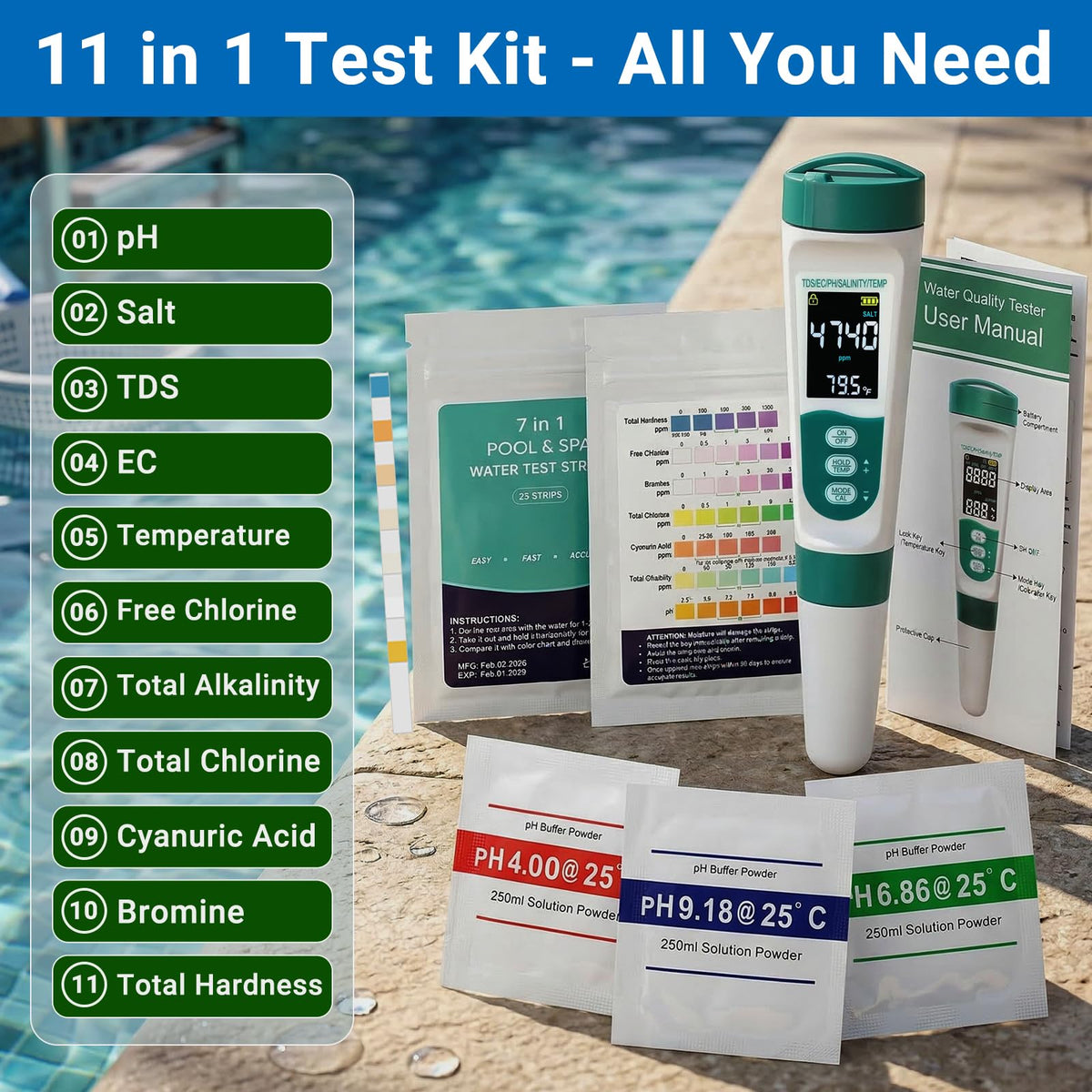 AKSBTEC 7-in-1 pool test strips pack provides quick balance checks for ongoing water care.
