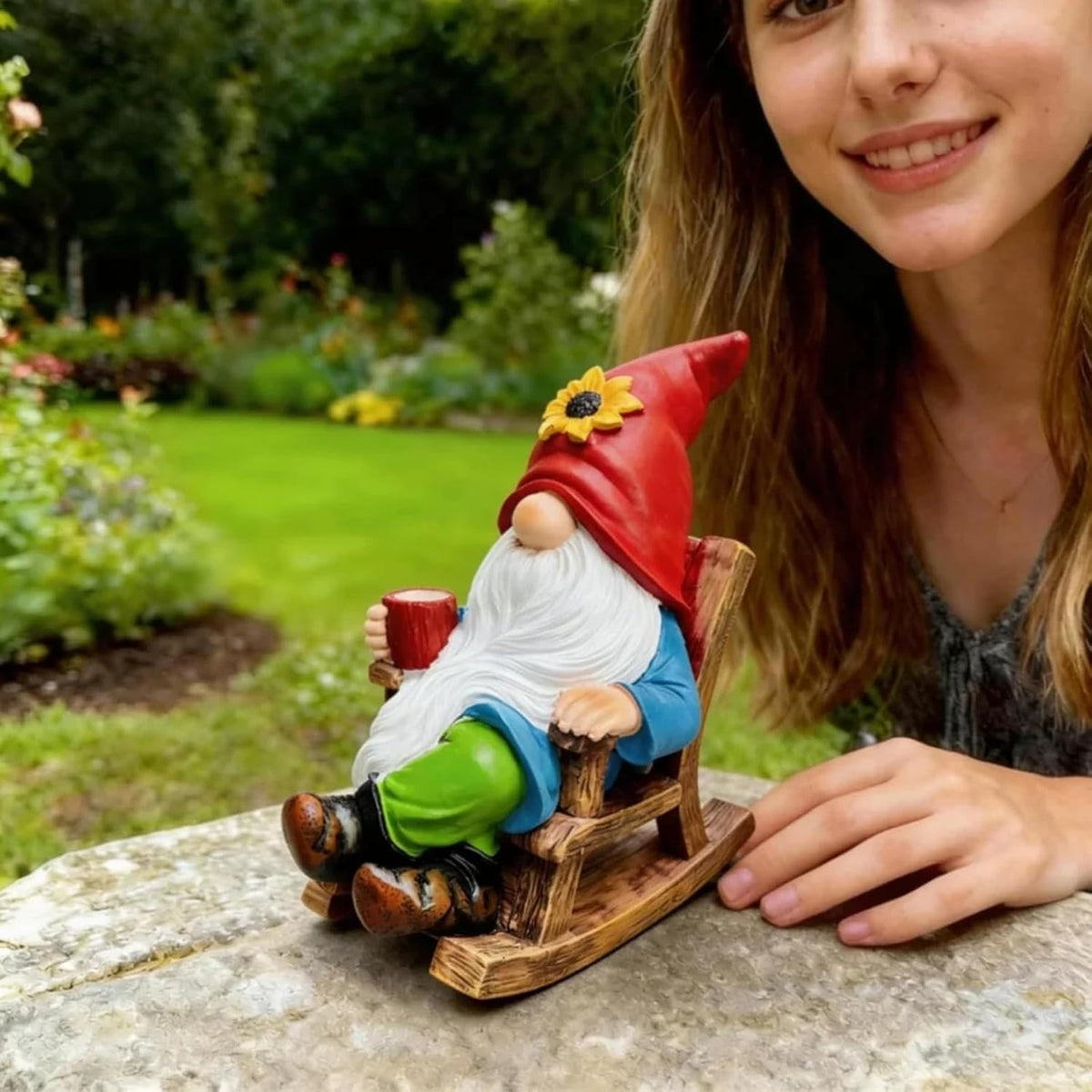 AKUTUBO patio gnome figurine with coffee for outdoor charm.