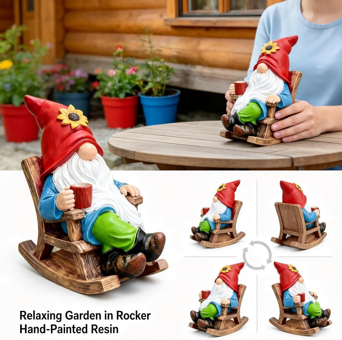 AKUTUBO polyresin gnome decor withstands weather and fading.