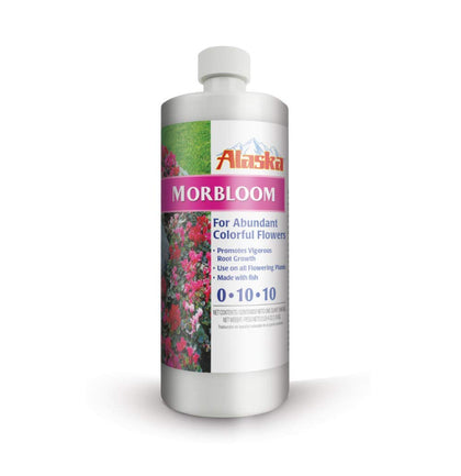 Alaska Morbloom fertilizer bottle with 0-10-10 formula supports vibrant blooms.