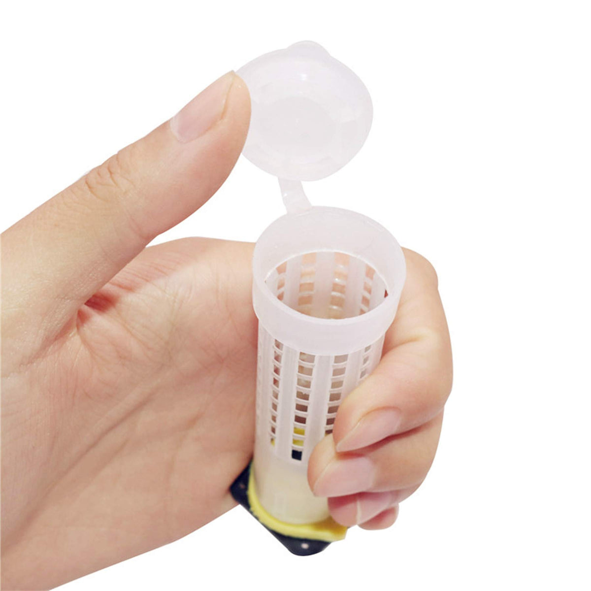 Alblinsy queen bee roller cage wax cup setup for precise release.