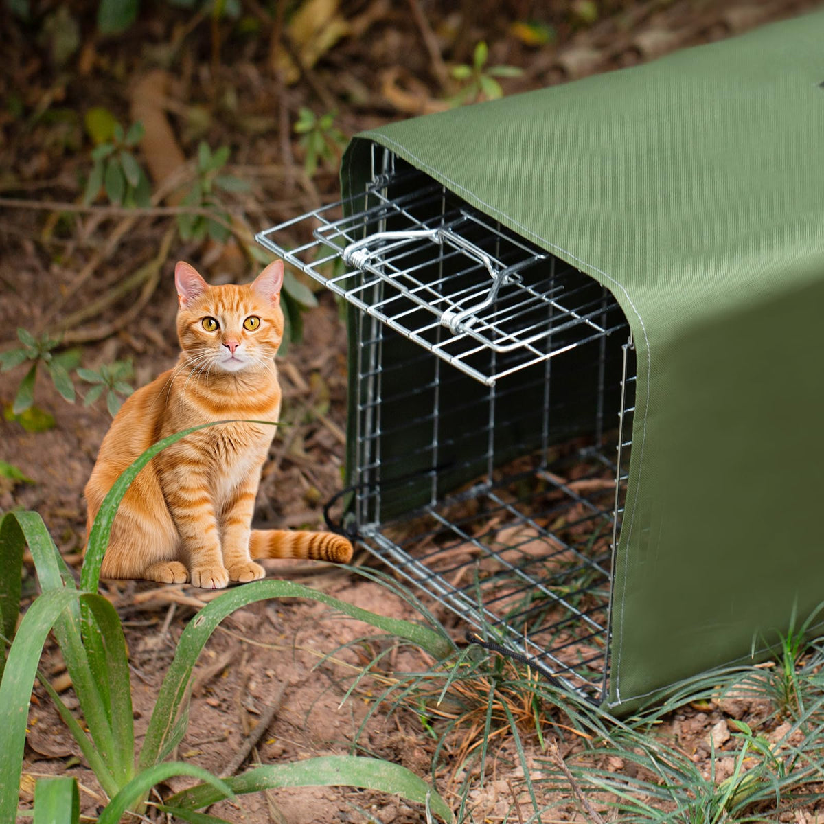 Aledaras trap cover army green three-side enclosure protects the animal inside.