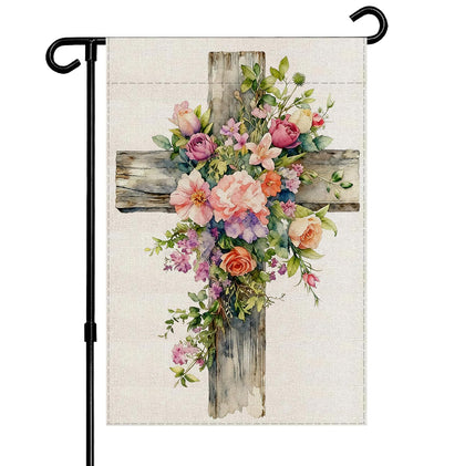 ALEXMACLIST watercolor cross with flowers flag for Easter curb appeal.