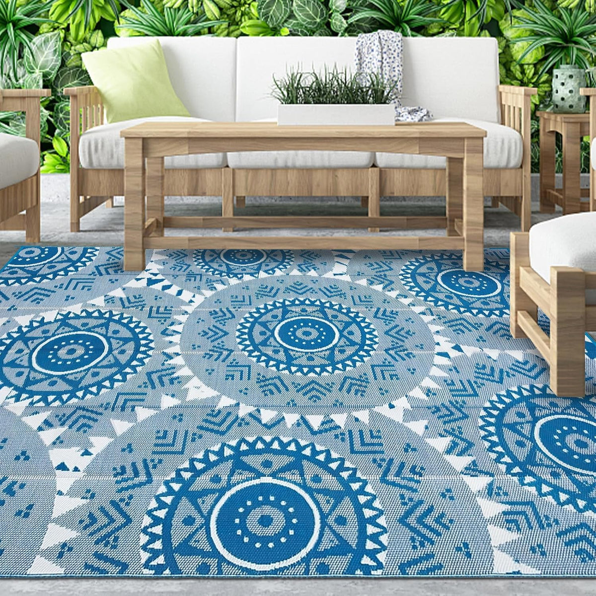 Alfolo 9x12 outdoor rug waterproof-foldable dries quickly after rain, ideal for patios.