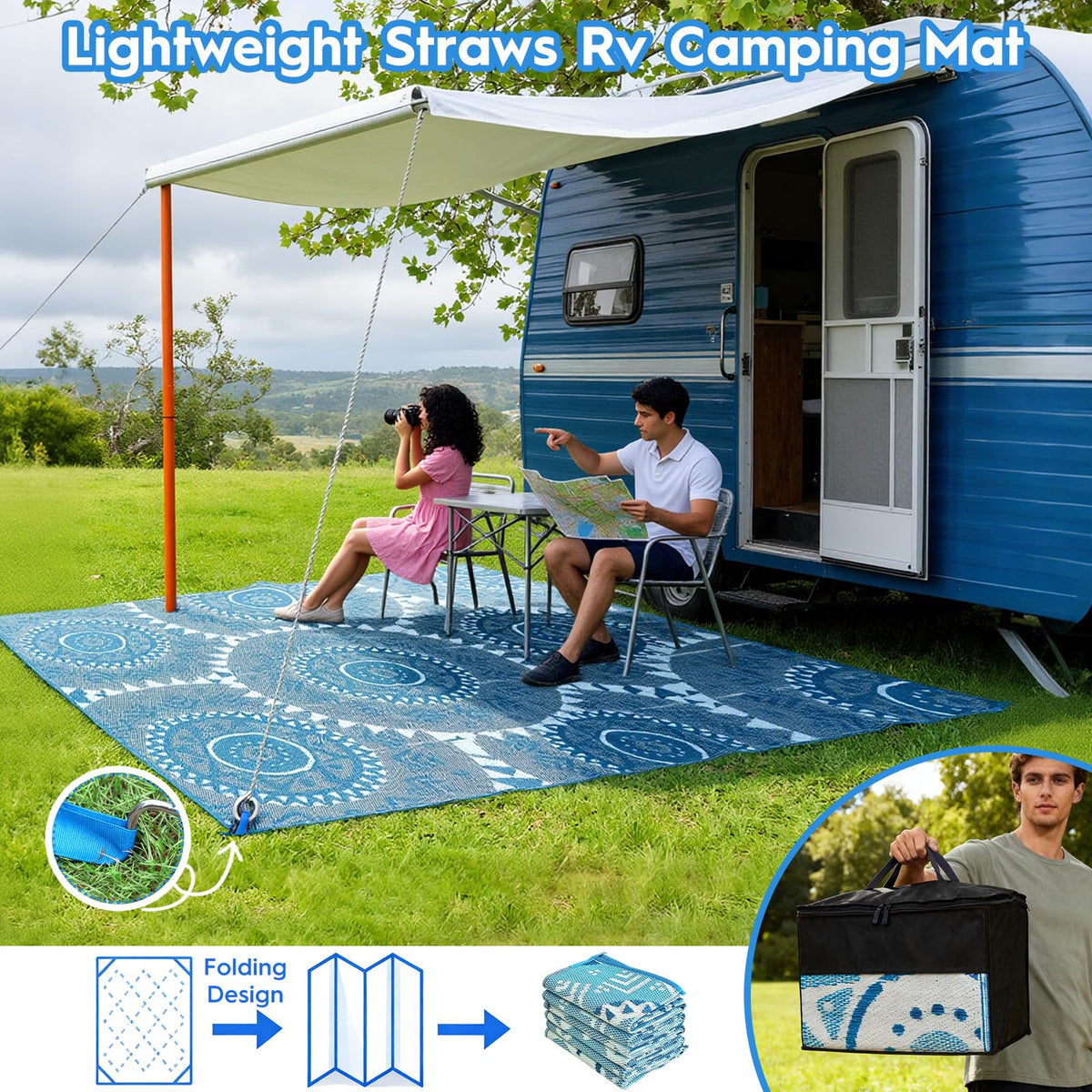 Alfolo lightweight rug folds easily for RV trips and camping.