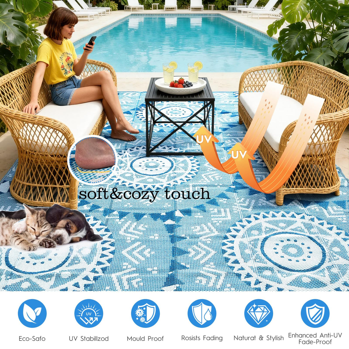 Alfolo navy-blue boho decor adds style to decks and poolside areas.