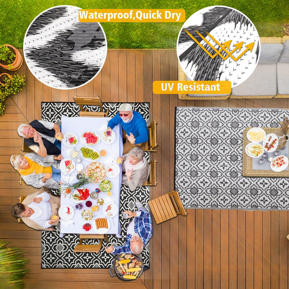 Alfolo outdoor rug reversible black white showcases two looks for porch styling.